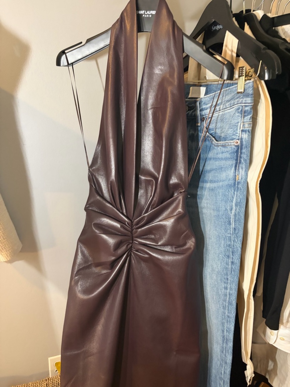 The andamme As is Faux Leather Dress in Deep Brown / red needs repair